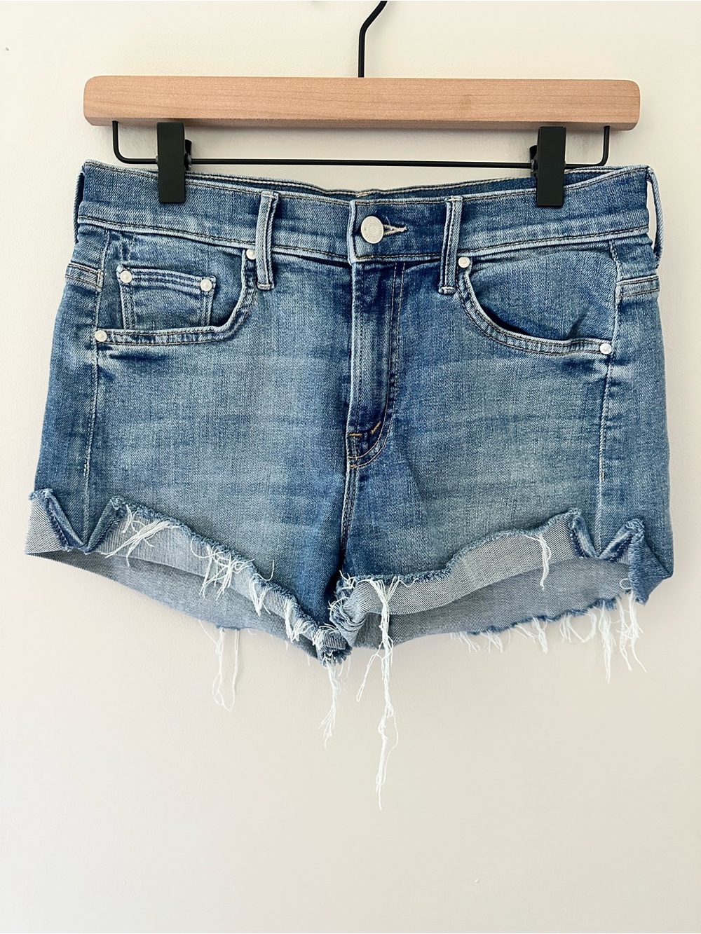 MOTHER Blue Denim Frayed Hem Shorts